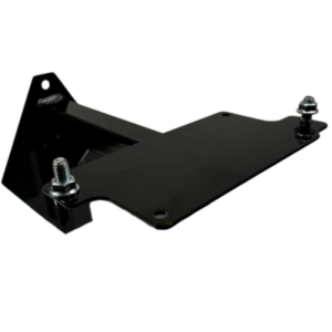 A KKP Motor Rack - Single, is a black metal bracket equipped with a mounting plate that includes two bolts and nuts. It features a triangular support with an attachment hole.